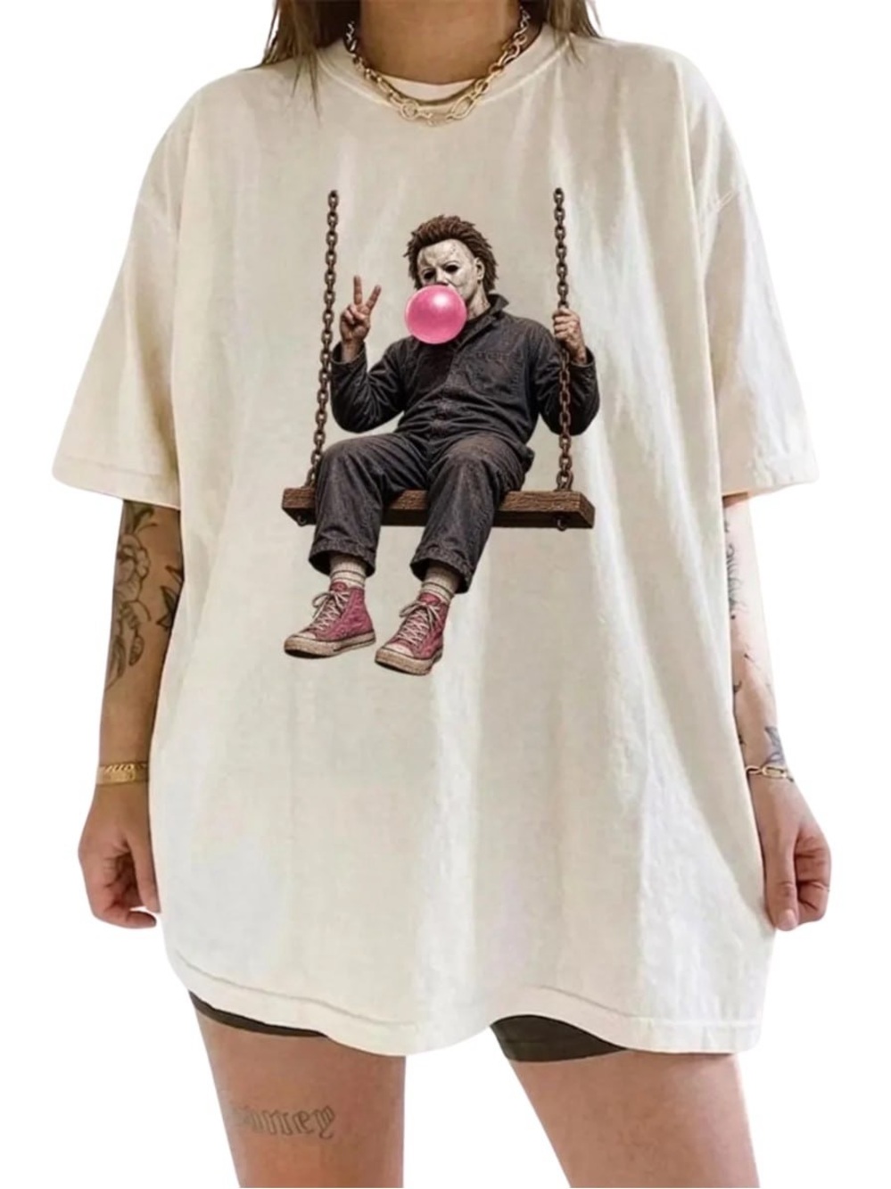 Cream Tee with Pink Graphic Bubble Micheal and Pink Shoes